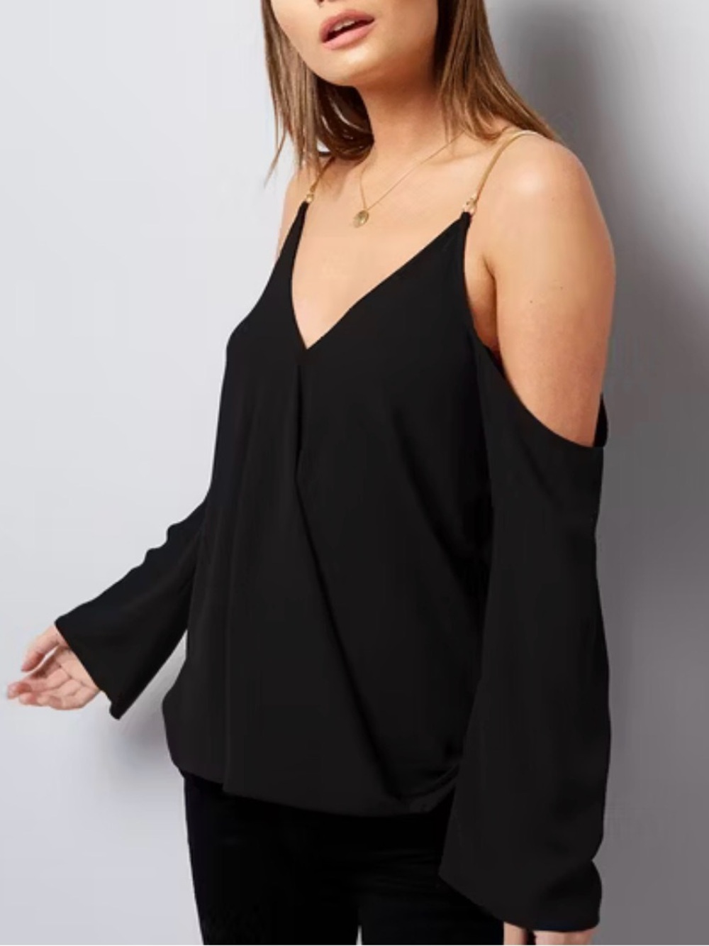 NEW Cold-Shoulder WITH TIES UP AND DOWN SLEEVES Black Women's Top